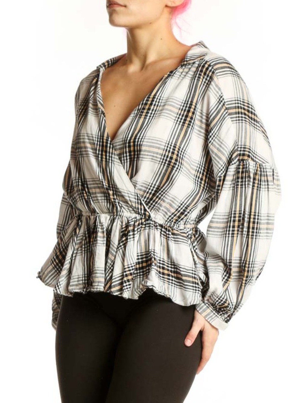 Vero Moda Plaid Peplum Top - V-Neck - Size Small